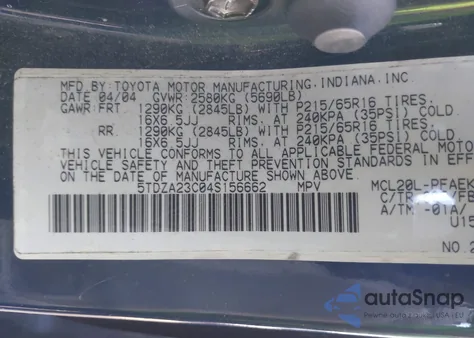 2004 Toyota Sienna Le из США, поврежденный, VIN 5TDZA23C04S156662